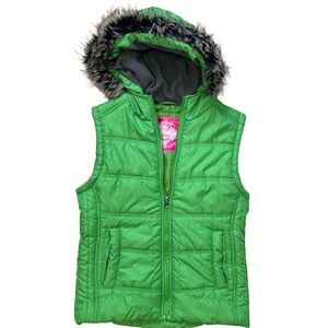 Green Puffer Vest with Faux Fur Hood
